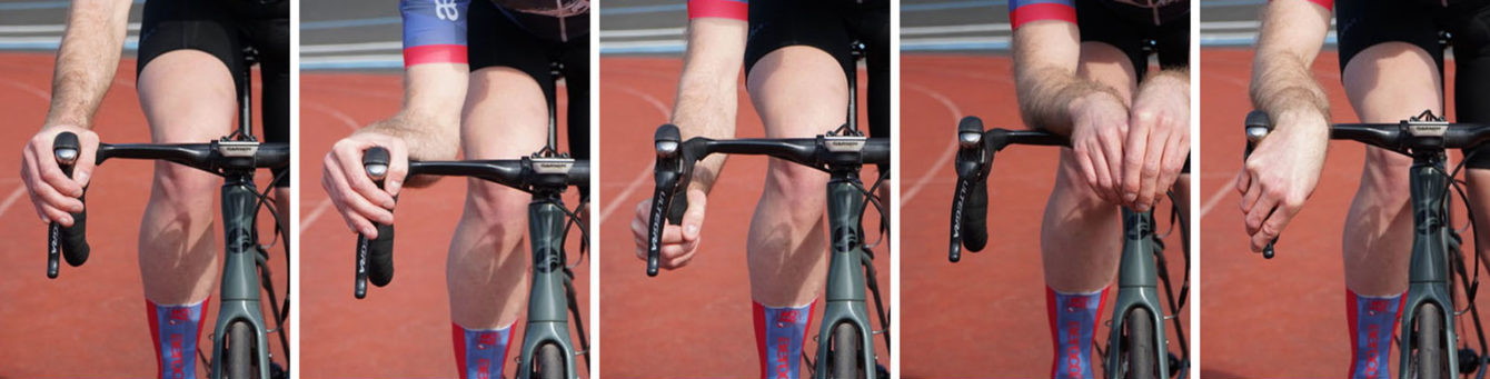 Five examples of different hand positions on bicycle handlebars