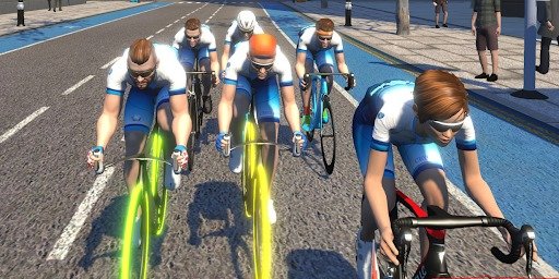 A group of virtual cyclists riding together in Zwift